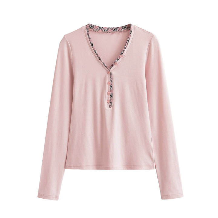 Women's long sleeve shirt with V-neck, button placket and check trim Amarae