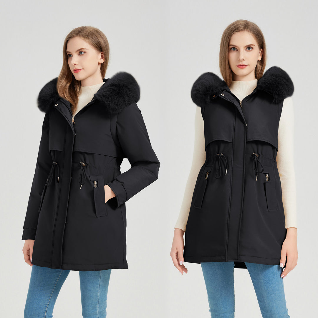 Functional jacket for women with removable faux fur collar and drawstring waist Lune London