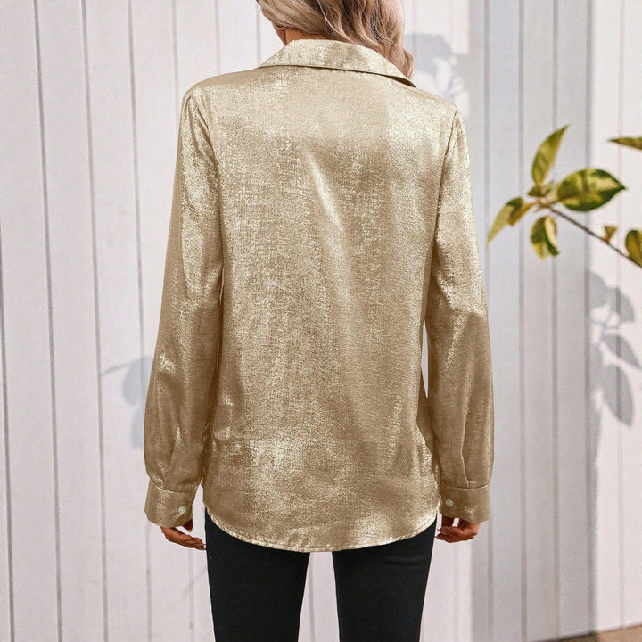 Women Oversized Shiny Blouse with Button Collar Lune London