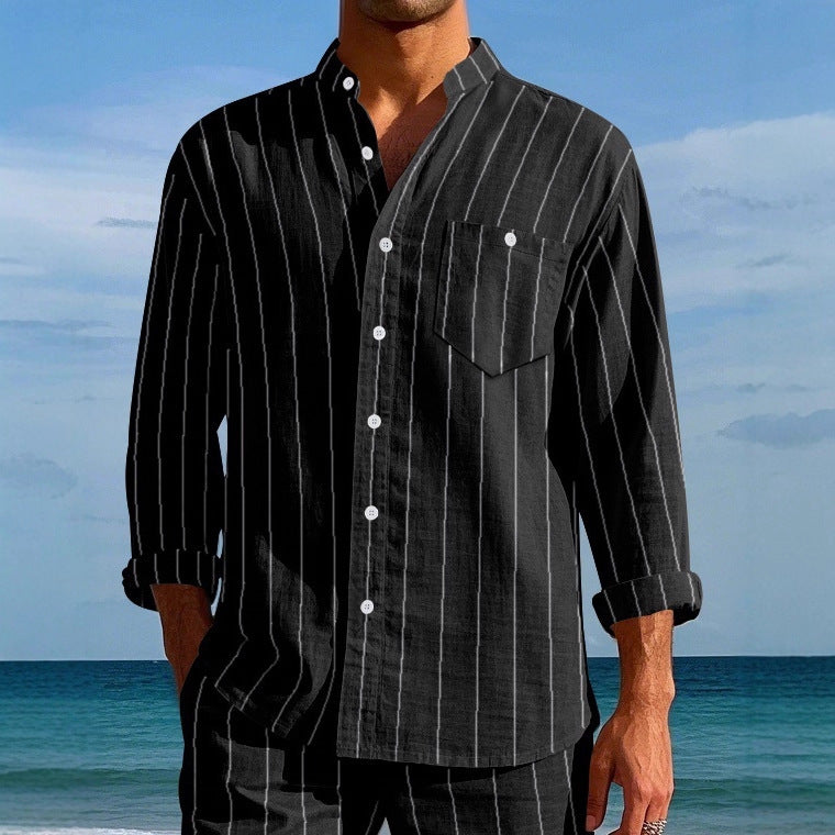 Men's long sleeve shirt with modern stand-up collar and fine striped pattern Lune London