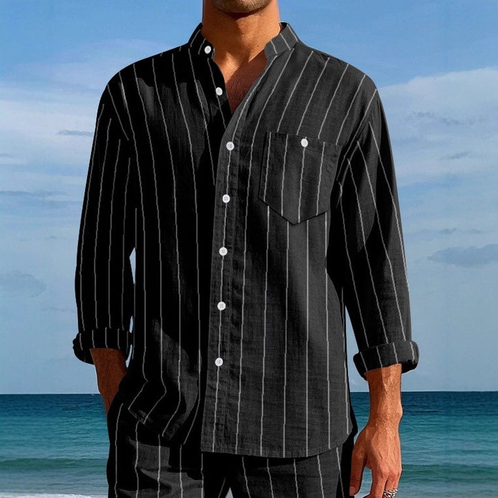 Men's long sleeve shirt with modern stand-up collar and fine striped pattern Lune London