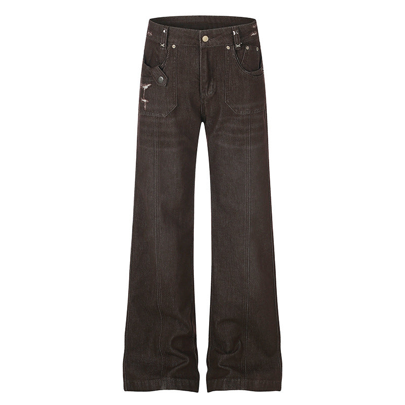 Women's Wide High-Waist Denim Trousers with Straight Leg and Utility Patch Pockets Amarae