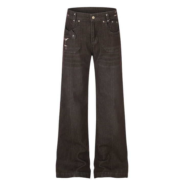 Women's Wide High-Waist Denim Trousers with Straight Leg and Utility Patch Pockets Amarae