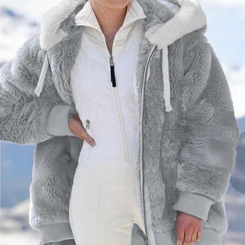 Women's Oversized Sherpa Zip Jacket with Contrast Collar, Ribbed Cuffs, and Drawstring Amarae