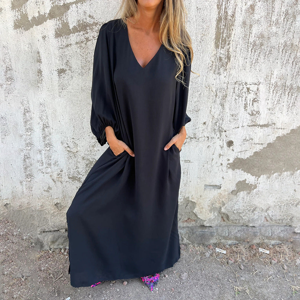 Women Elegant Midi Dress with V Neck and Chic Puff Sleeves