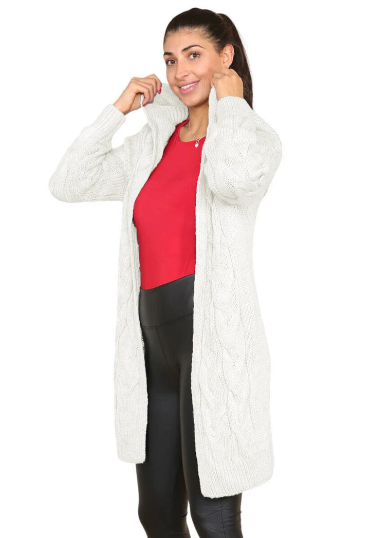 Long knitted coat for women with an elegant cable pattern and hood Lune London