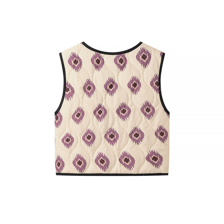 Women Padded Short Quilted Vest with Tie and Allover Print Amarae