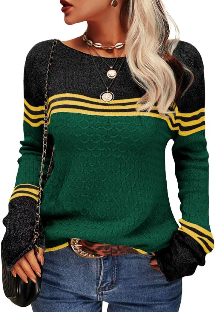 Pull tricoté décontracté pour femmes avec des blocs de couleur contrastants et une texture unique Chic & Stil