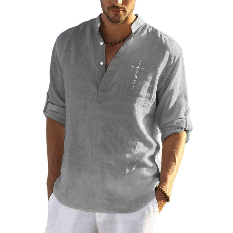 Casual linen shirt for men with a short stand collar and decorative button closure Lune London