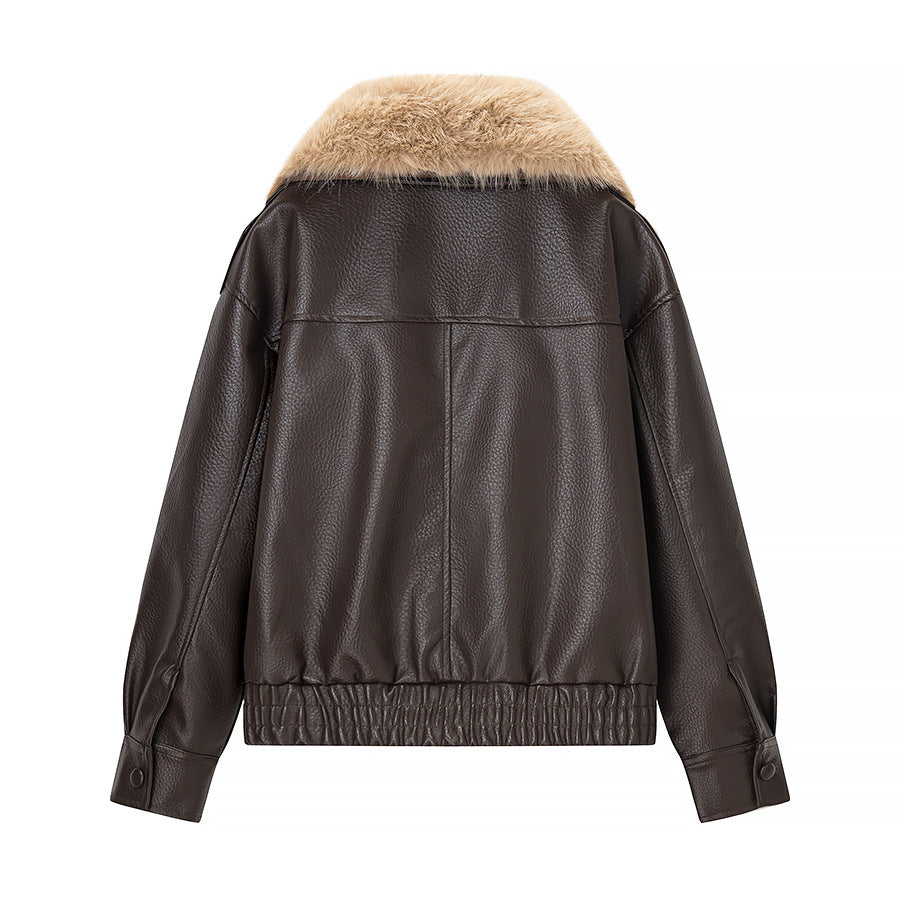 Women Quilted Leather Look Blouson with Voluminous Fur Collar Amarae