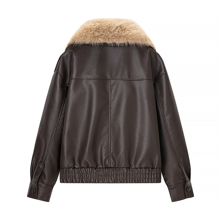Women Quilted Leather Look Blouson with Voluminous Fur Collar Amarae