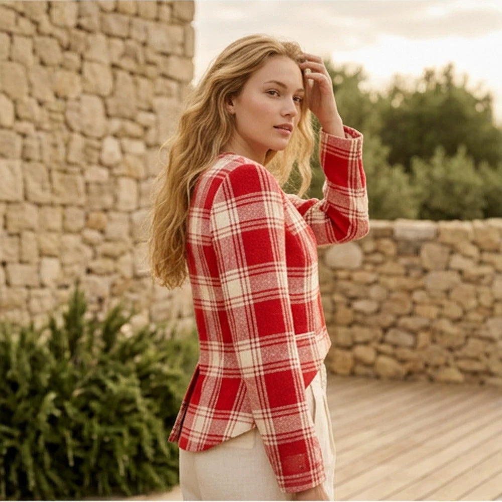 Women's Short Cut Tailored Check Blazer with Deep V-Neck and Flap Pockets Amarae