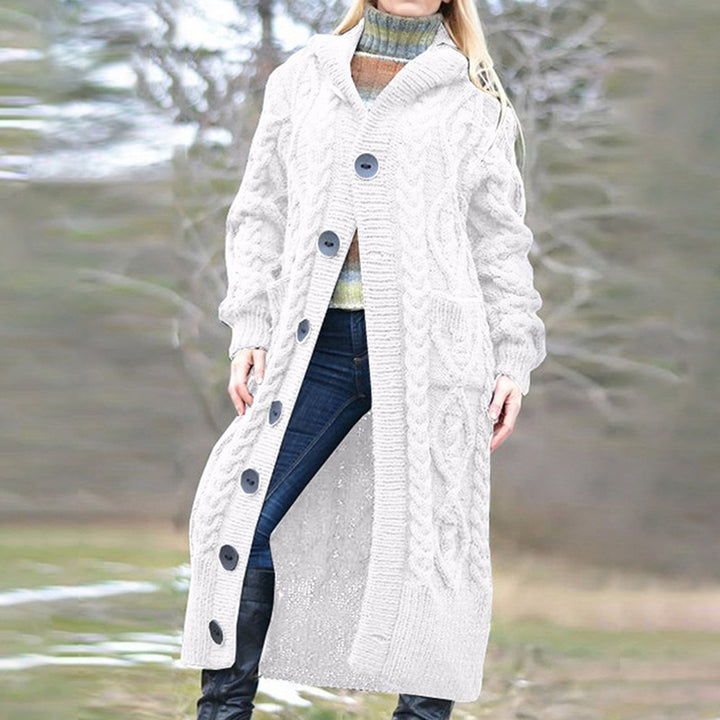 Chunky knit coat for women with hood and large buttons Lune London
