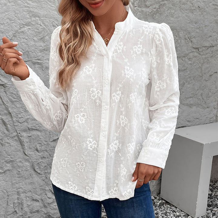 Elegant blouse for women with fine embroidery and high collar Lune London