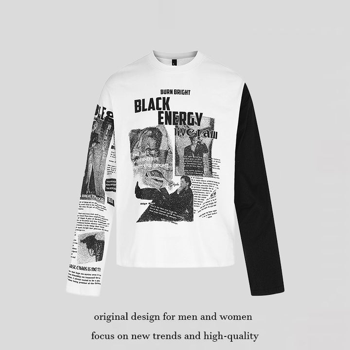 Men's Long Sleeve Shirt with Asymmetrical Contrast Sleeves and Photo Collage Print Amarae