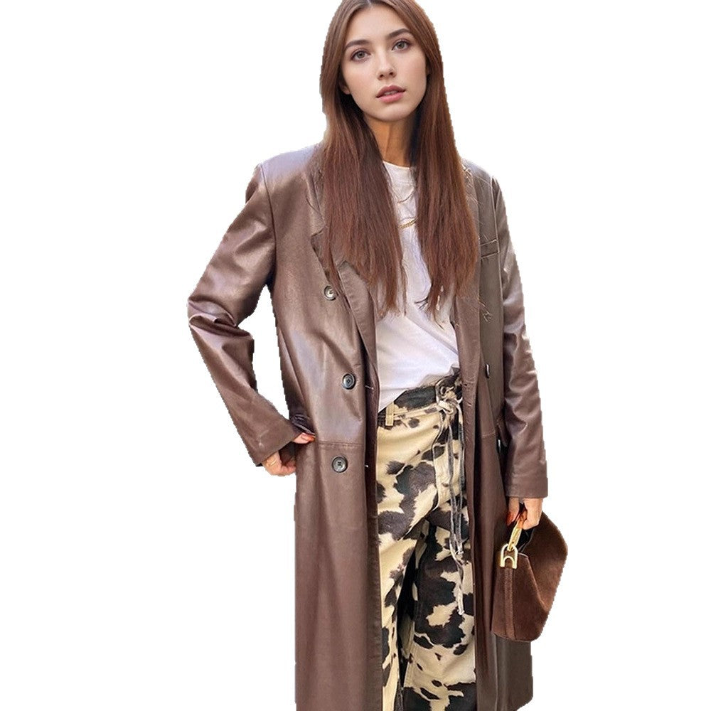 Women's long faux leather coat with double-breasted button placket and oversize fit Amarae