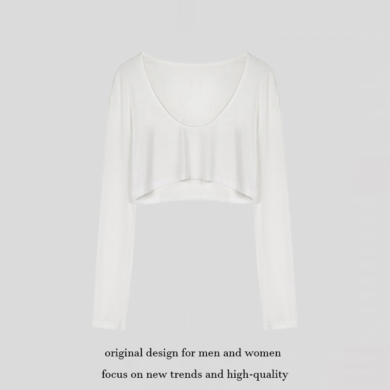Ladies short cut long sleeve crop top with wide round neck