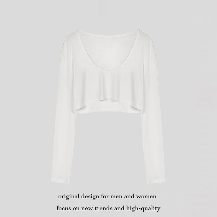 Ladies short cut long sleeve crop top with wide round neck