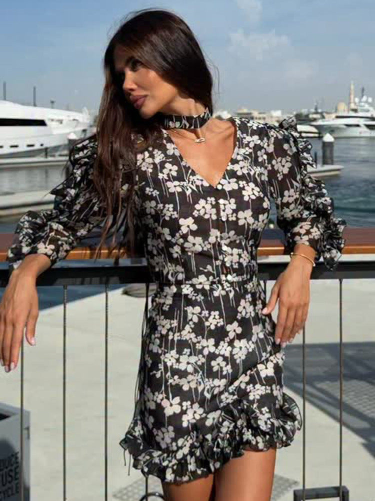 Women Short Chiffon Wrap Dress with V-Neck, Ruffles and Voluminous Sleeves Amarae