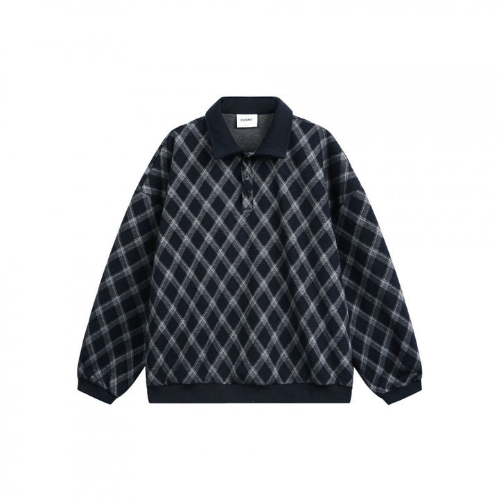 Unisex Oversize Polo-Halfzip-Pullover with Argyle Structure Amarae