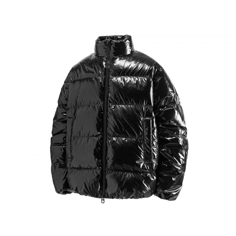 Unisex Glossy Quilted Puffer Jacket in Boxy Cut with Stand-Up Collar and Two-Way Zipper Amarae