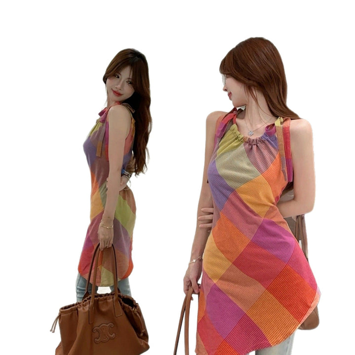 Women's short-sleeve dress with fashionable check pattern and elastic neckline Lune London