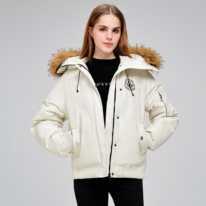 Ladies Puffer Sport Jacket with Removable Faux Fur Collar and Practical Chic Style Pockets