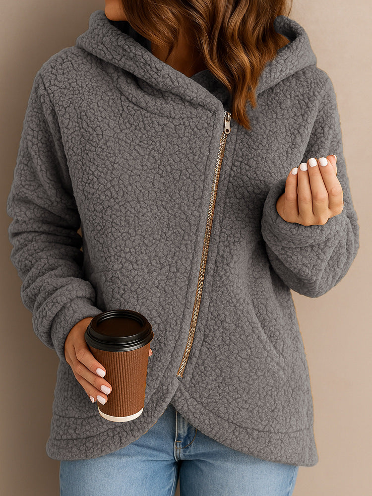 Ladies plush hooded jacket with asymmetrical zipper Lune London
