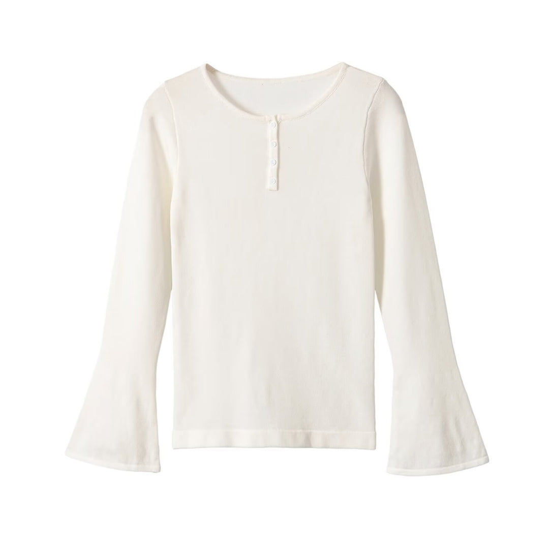 Women's fine knit long sleeve with Henley button placket and flared trumpet sleeves Amarae