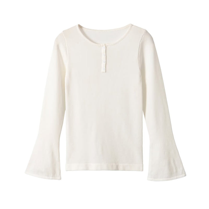 Women's fine knit long sleeve with Henley button placket and flared trumpet sleeves Amarae