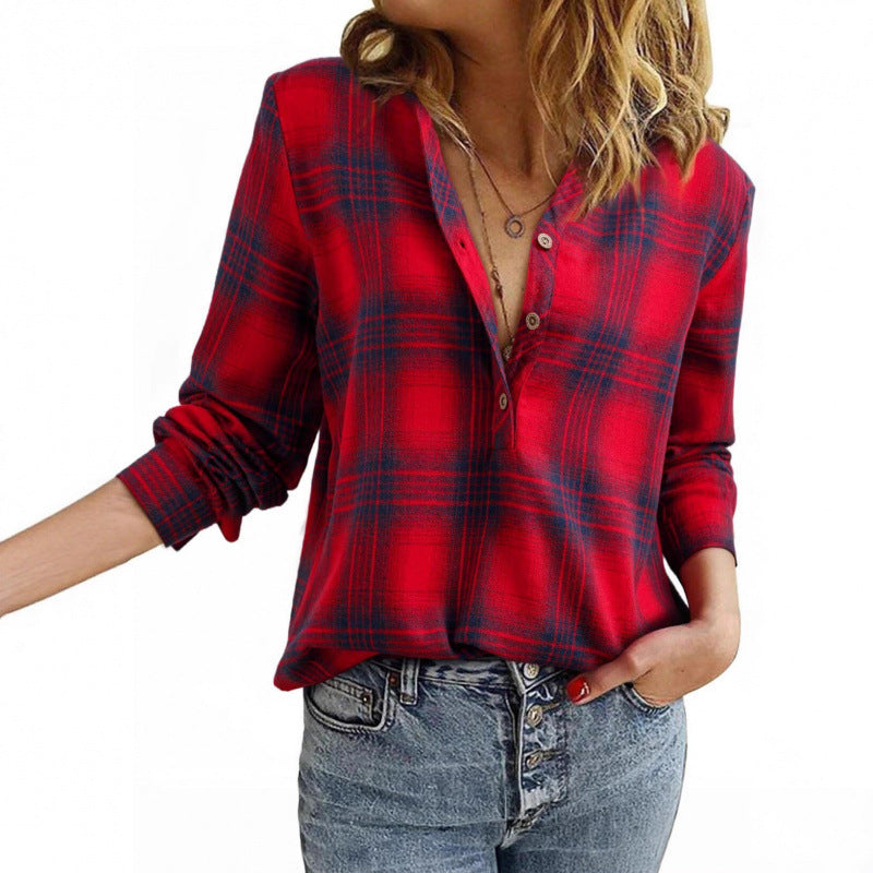 Women’s check blouse in oversized look with V-neck, button placket, and rounded hem Amarae
