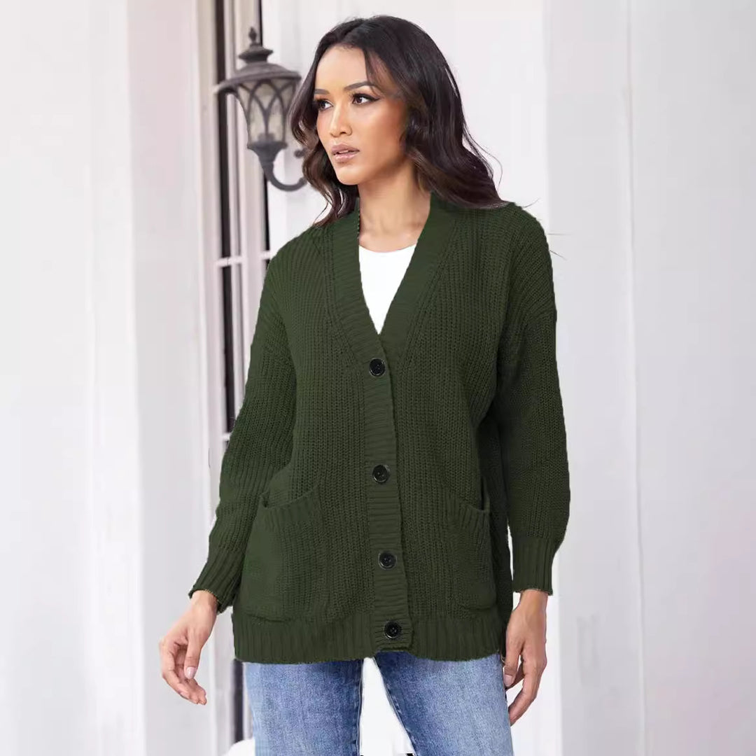 Ladies chunky knit cardigan with large pockets and modern button design Chic and Still