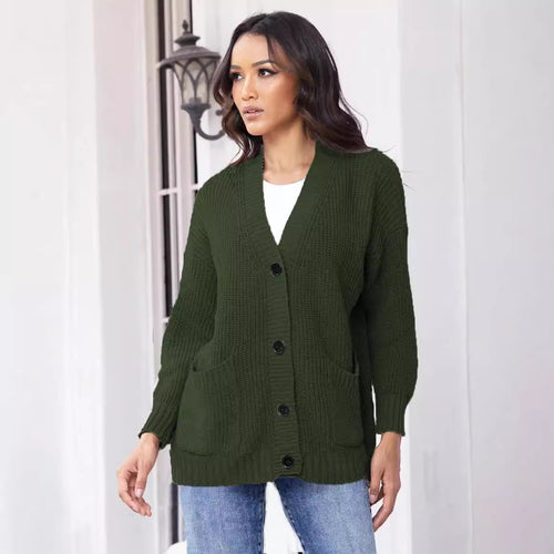Ladies chunky knit cardigan with large pockets and modern button design Chic and Still