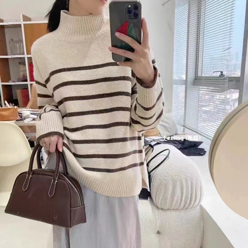 Ladies casual knit pullover with chic striped design