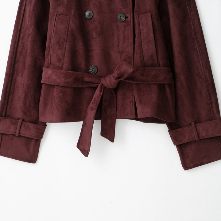 Women's Velvet Trench Coat with High Funnel Collar and Tie Belt Amarae