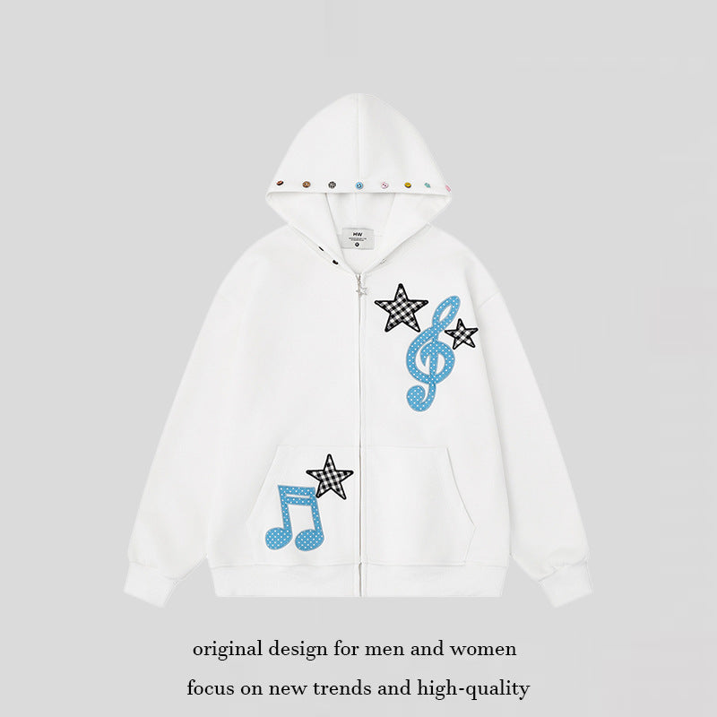 Women's hooded sweat jacket with creative music appliqués, checkered stars and zipper charm Amarae