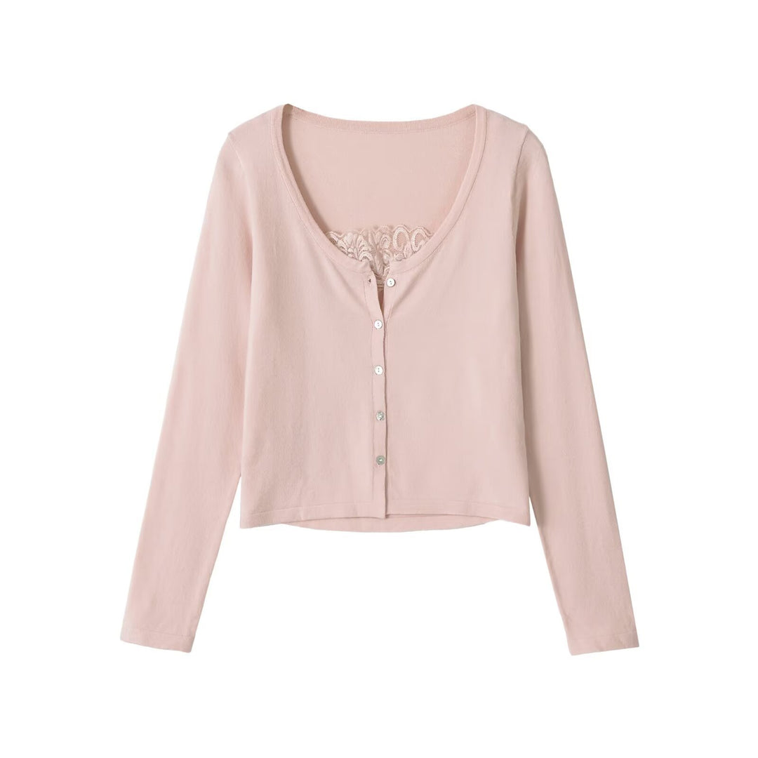 Women's fine-knit cardigan with lace insert and continuous button placket Amarae