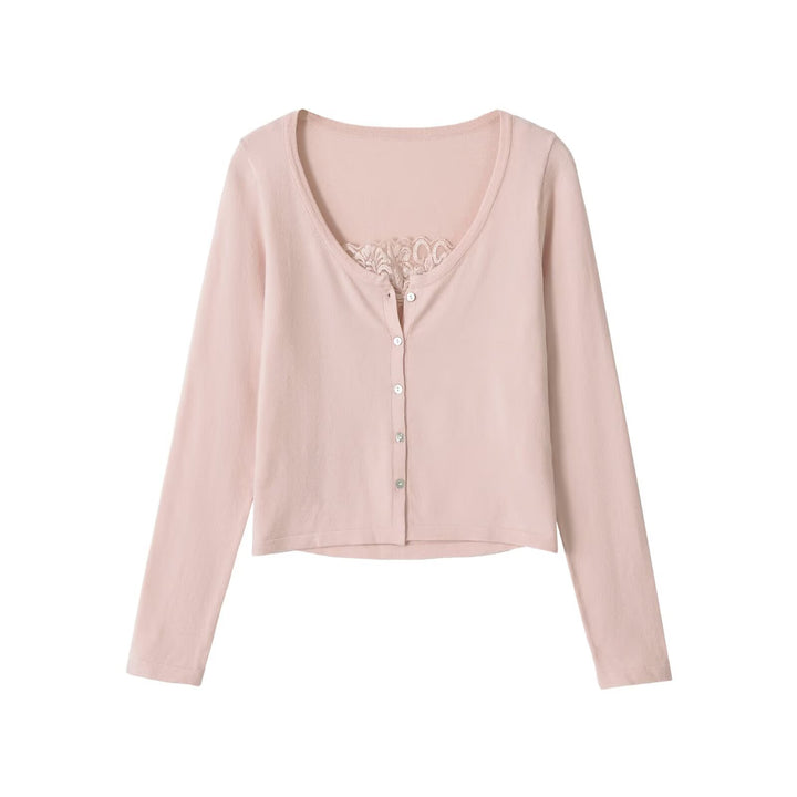 Women's fine-knit cardigan with lace insert and continuous button placket Amarae