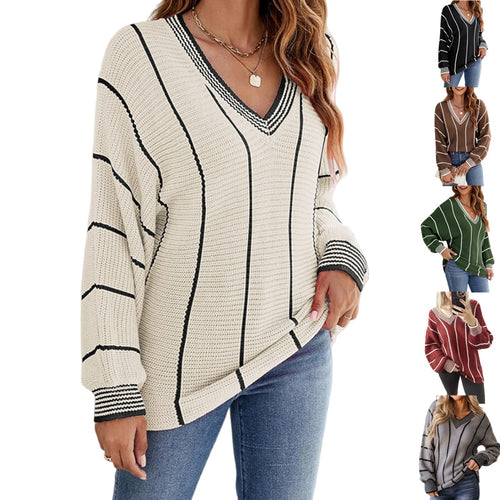 Casual knitted sweater for women with V-neck and wide stripes Amarae