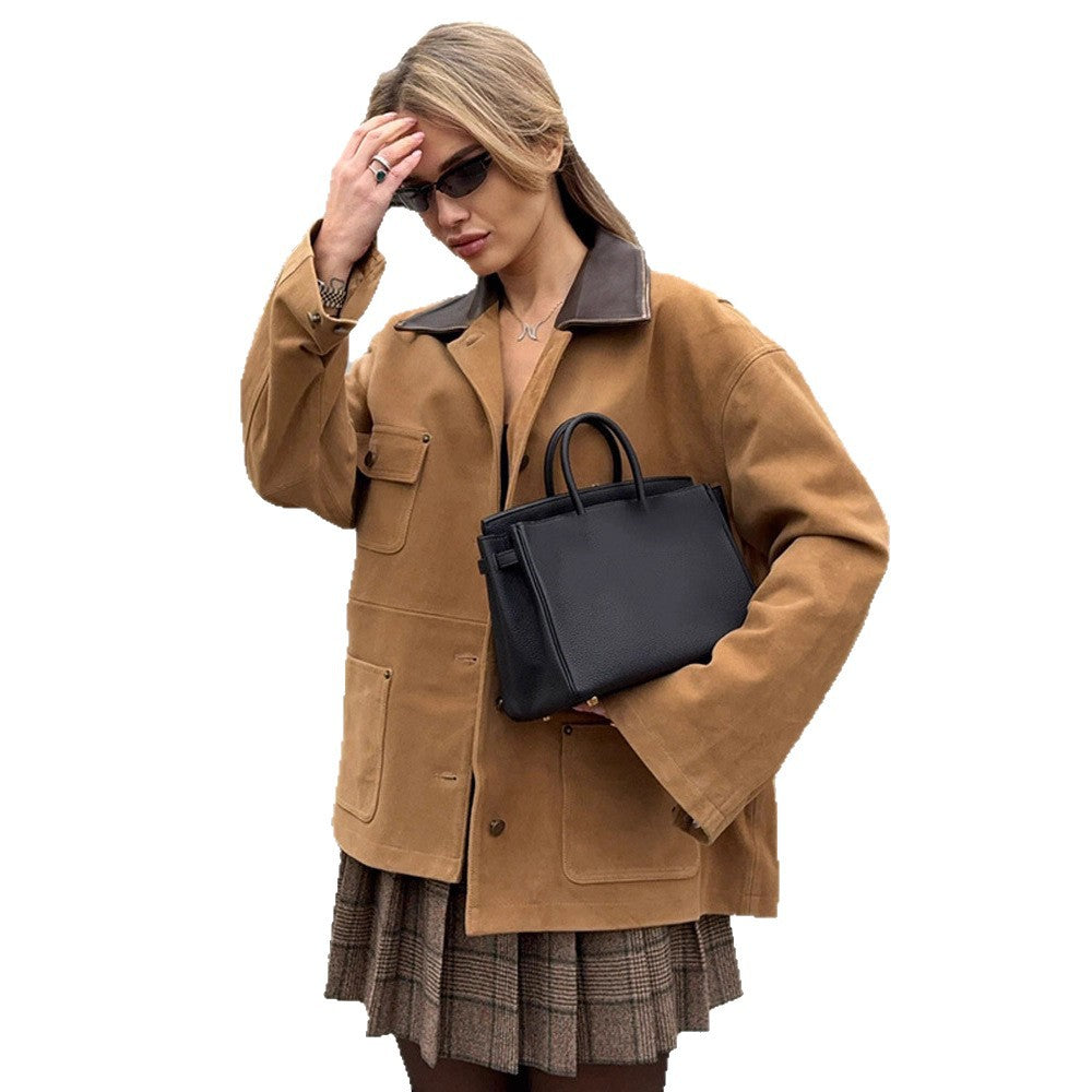 Women's Boxy Short Jacket in Suede Look with Contrast Collar & Patch Pockets Amarae