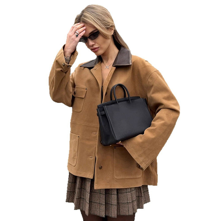 Women's Boxy Short Jacket in Suede Look with Contrast Collar & Patch Pockets Amarae