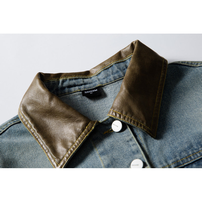 Unisex Boxy Denim Jacket with Leather Collar, Snap Button Placket and Flap Pockets Amarae