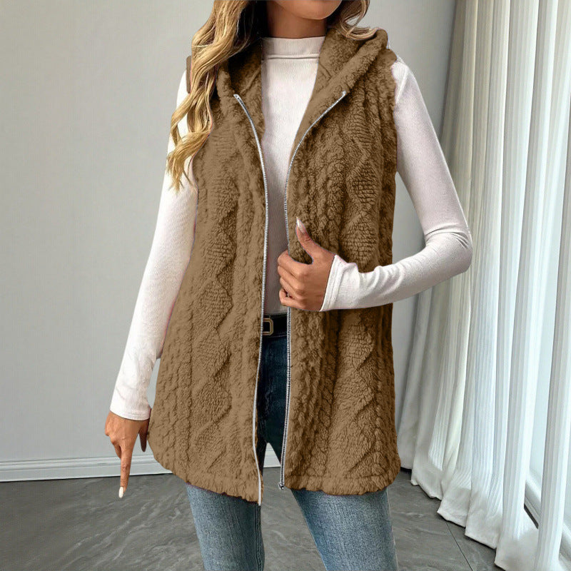 Women's Hooded Teddy Vest with Zipper and Structured Knit Look Amarae
