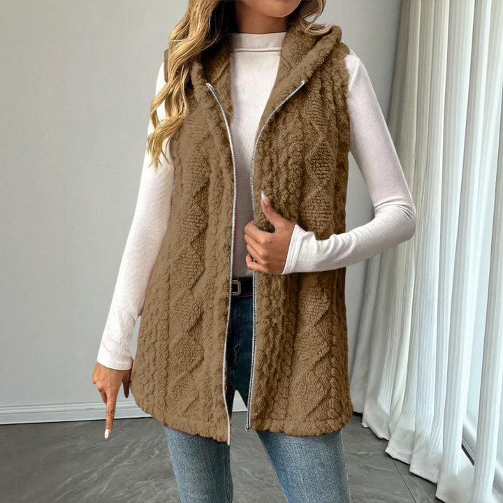 Women's Hooded Teddy Vest with Zipper and Structured Knit Look Amarae