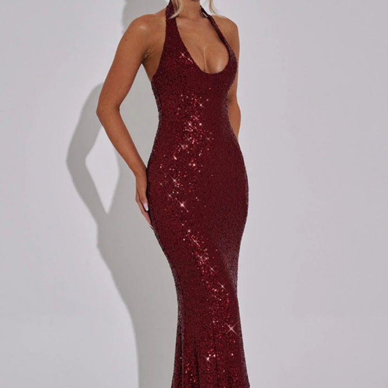 Women's Glamorous Sequin Maxi Dress with Deep V-Neck and Slim Fit Lune London