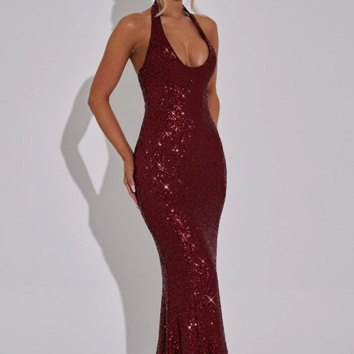 Women's Glamorous Sequin Maxi Dress with Deep V-Neck and Slim Fit Lune London
