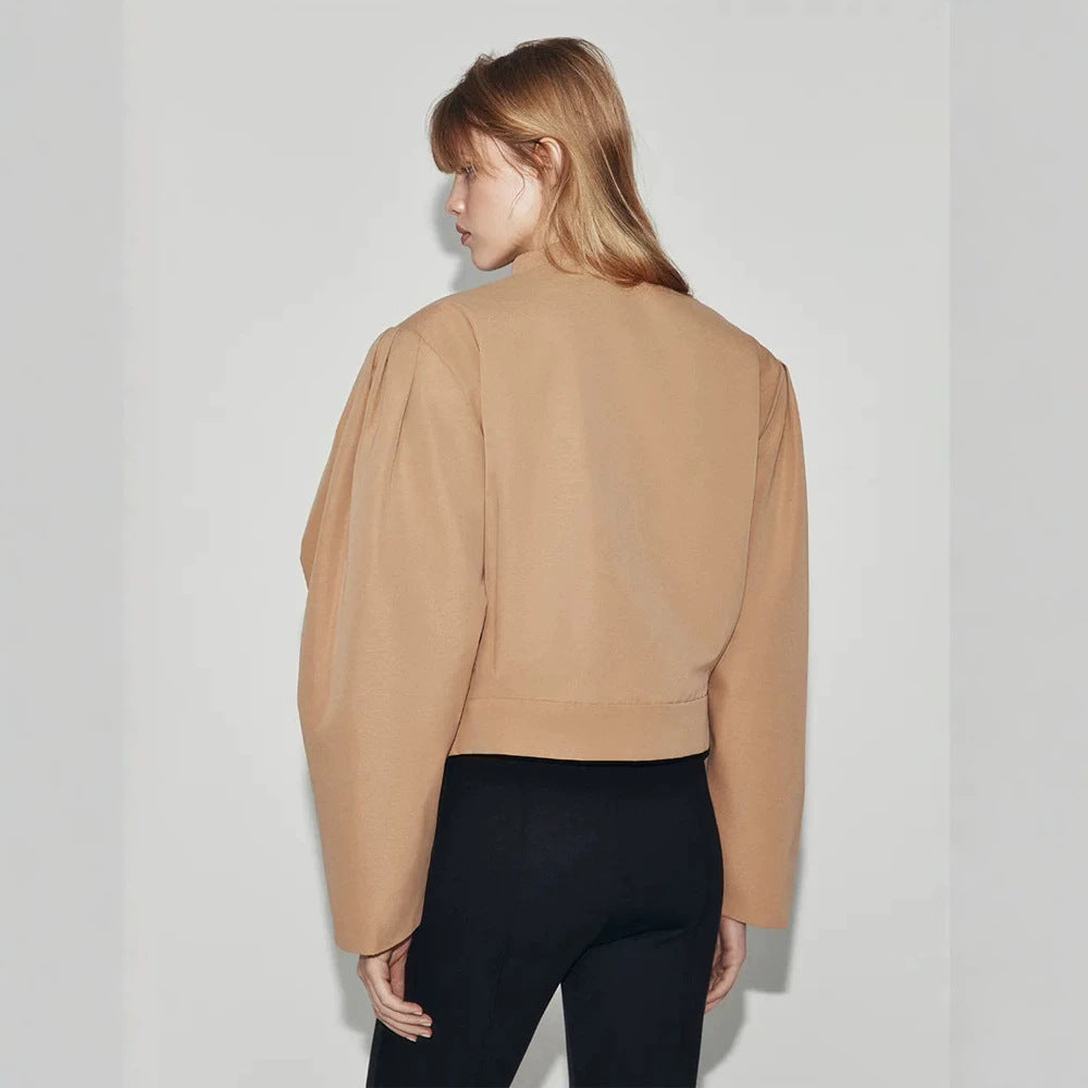 Women's short jacket in a boxy cropped cut with double button placket and structured shoulder pleats Amarae