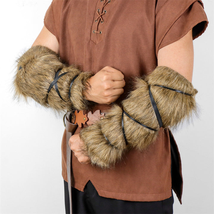 Men's Viking-inspired faux fur arm cuffs with adjustable wrap straps Amarae