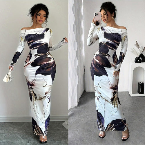 Elegant maxi dress for women with original artistic print and off-shoulder design Amarae