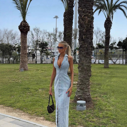 Maxi denim dress for women with button placket and high collar Amarae